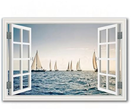 LXURY Quadro su tela con finestra aperta, immagine, barca a vela sul mare,Stampe Quadri di paesaggio per arredo camera da letto e bagno 80x120 cm senza cornice