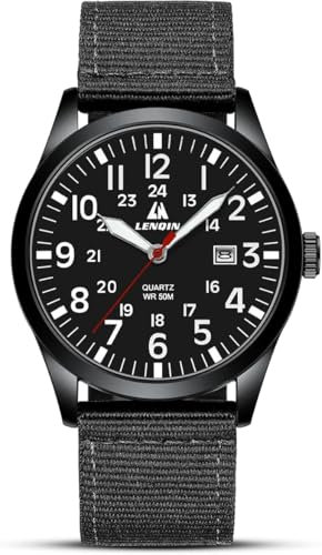 LN LENQIN Herrenuhren Analog Quarzuhren mit Nylonbändern 30M wasserdicht Armbanduhren für Männer leichte einfache Feld Uhren mit Datum (Ganz schwarz)
