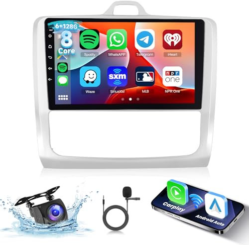 Hodozzy 6G+128G 8-Core Android Autoradio für Ford Focus 2004-2011 mit Wireless Carplay Android Auto, Autoradio 9 Zoll Touchscreen mit Bluetooth GPS Navi WiFi USB DSP FM/RDS Radio Rückfahrkamera