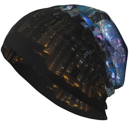 Aerial Night of View - Gorro de punto de doble capa con estampado de Hong Kong, transpirable, ligero y moderno, unisex, negro, talla única, Negro, talla �nica