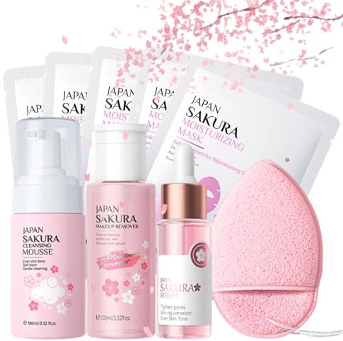 Japan Sakura Skincare Set für Teenager-Mädchen, Sakura Hautpflege Set Geschenkset Frauen, Gesichtspflege Geschenke Set, Make-up Beauty Set mit Reinigung Essenz Gesichtsmasken Make-up-Entferner