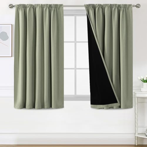 BellaHills 100% Blickdicht Vorhang mit Kräuselband 2er Set H145 x B140 cm Schlafzimmer Gardinen Blickdicht Verdunklungsvorhänge Thermal Curtains Blackout Vorhang, Salbei Hell