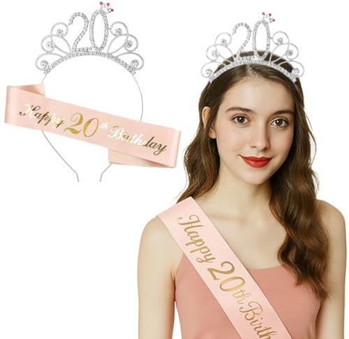 20. Geburtstag Krone Schärpe, 20 Geburtstag Frauen Deko Schärpe und Tiara, Rose Gold 20. Geburtstag Geschenke Krone für Birthday Party, für 20 Geburtstag Deko Geschenk und Frauen Party Accessoires