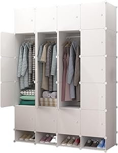 𝗔𝗿𝗺𝗮𝗿𝗶𝗼 𝗠𝗼𝗱𝘂𝗹𝗮𝗿, Estantería de Módulos, Organizador Modular de Ropa Ropero para Hogar, Estante de Almacenamiento para Dormitorio, 20 Módulos, 2 Barras, 192x140 cm, Color Blanco