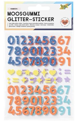 folia 23778 - Moosgummi Glitter-Sticker NUMBERS, 112 Stück in 6 verschiedenen Farben, Zahlen Aufkleber zum Verzieren und Dekorieren, Moosgummi, Mehrfarbig