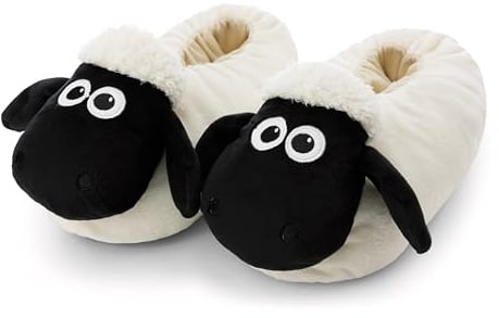 Hausschuhe Shaun das Schaf 40-43 (L) - weiß - Warme Kuscheltier Hausschuhe aus Plüsch für Kinder und Erwachsene, Tier-Schuhe mit Anti-Rutsch Sohle, Slippers