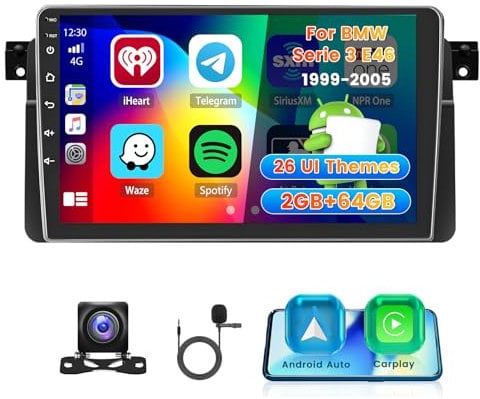 Roinvou 2+64G Android Autoradio Navi für BMW 3 Series E46 1998-2006 mit Wireless Carplay und Android Auto, 9 Zoll Touchscreen Radio mit Mirror Link WiFi GPS Bluetooth EQ FM/RDS SWC Rückfahrkamera