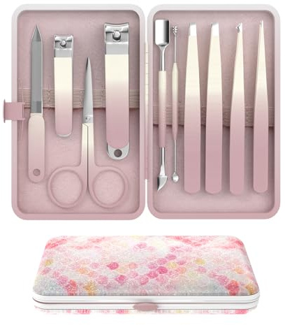 ESSBES Maniküre-Set 10-in-1, Nagelknipser, Schere, Pinzette, Nagelpflegeset aus Edelstahl mit Reiseetui (Rosa)