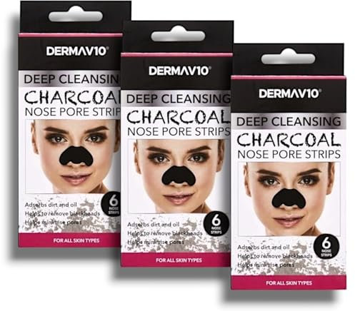 Dērmav10 | Deep Cleansing Charcoal - Nose Pore Strips | 6 Strips in Each | Absorbs Dirt & Oil,Helps to Remove Blackheads,Helps to Remove Blackheads & Helps Minimise Pores | For All Skin Types | 3 Pack