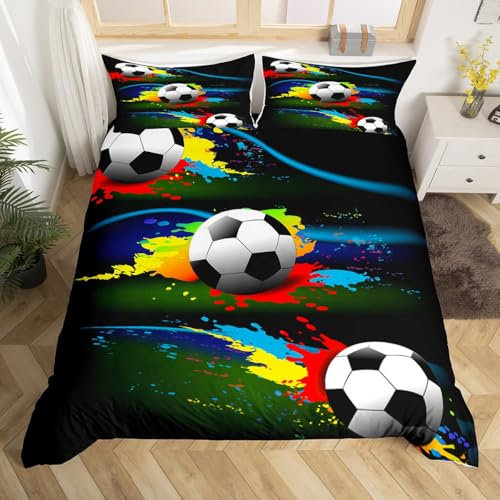 Loussiesd Set di biancheria da letto con copripiumino a tema sportivo per bambini e ragazzi, motivo pallone da calcio, copriletto, decorazione per la stanza, colorato, 2 pezzi, con 1 federa per