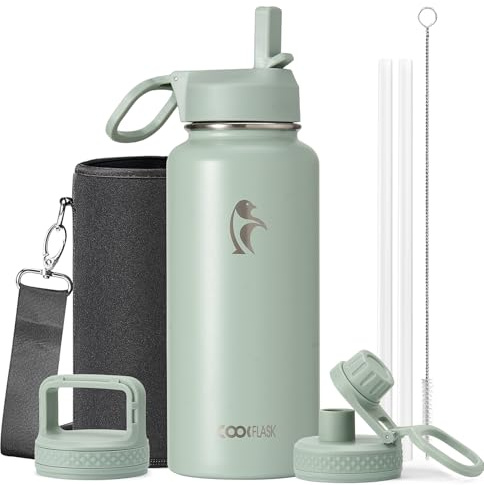 Coolflask Water Bottle 32 oz Insulated with Straw, Stainless Steel Metal 3 Lids Water Flask Wide Mouth for Sports or Office, Non-BPA Keep Cold Up to 48 Hrs or Hot Up to 24 Hrs, Grey Green