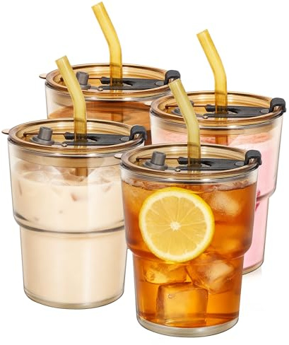 YupURStyle 13oz Glass Tumbler with Straw and Lid, Leakproof Sealable Travel Cup, 400ml Insulated Glass Cup for Iced Coffee, Tea, Juice, Water (Amber 4Packs)