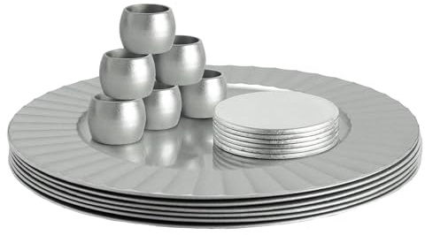 Argon Tableware Round Charger Plates Set with Coasters & Napkin Rings - 33cm - Silver Flute - 18pc Reusable Hard Plastic Dinner Table Setting Wedding Party Decorative Serving Tableware Chargers