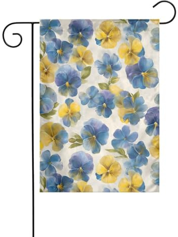 Bandera de jardín de pensamientos de acuarela en colores azules y amarillos suaves, 30 x 45 cm, vertical de doble cara, decoración exterior de casa de campo, bandera de patio