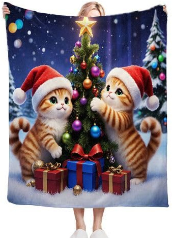 Dozrmey Kuscheldecke Flauschig Decke 220x240 Weihnachts Katze, 3D Druck Mikrofaser Flanell Tagesdecke 220x240 cm für Kinder Erwachsene Wohndecke kuscheldecken für Sofa Couch Bett D169