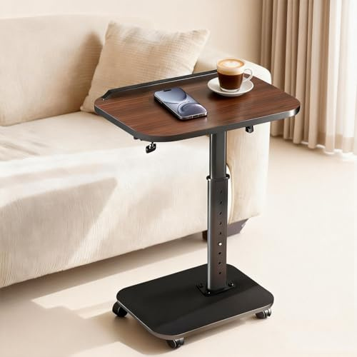 C Shaped Side Table, Sofa TV Tray Tables Adjustable Height & 180° Flip-Over Panel Design, End Table with Phone/Tablet Slot & 4 Castor Wheels,Couch Tables for Small Spaces/Living Room/Bedroom/Bed/Snack