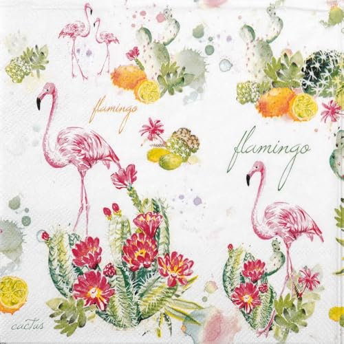 Servietten Papier 33x33cm 3-lagig 20 Stück - hochwertig & nachhaltig - Einweg Papierservietten mit Flamingo- & Kakteenmotiv im Aquarellstil Bunt - Party Gastroservietten Lunch Tischdeko