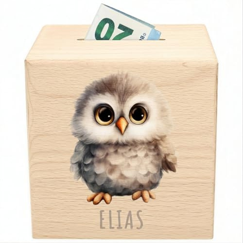 Eule Spardose für Kinder personalisiert Sparbox aus Holz Sparschwein mit Schlüssel Taufgeschenk für Jungen Mädchen Holzspardose