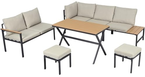 SHAIRMB GartenmöBel-Set, Lounge-MöBel Mit Ecksofa, 2 Hockern & Esstisch, Tischplatte In Holzoptik, Verzinkter Stahl, FüR Garten & Terrasse,Grau