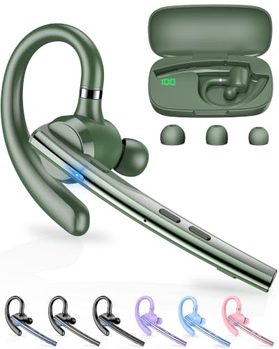 New Bee Bluetooth Headset V5.1 Bluetooth Handsfree Earpiece Dual Mic with 500mAh Charging Case 72Hrs Play Time Hands Free Phone Earpiece Wireless Headset for Driving/Business with Android iOS, Green