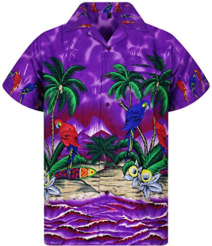V.H.O. Funky Hawaii-Hemd, Herren, Kurzarm, Parrot, Violett, 3XL