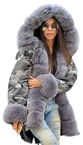 Aor Femmes Mode Fausse Fourrure À Capuche Camouflage Militaire Lâche Plus La Taille Manteau D'hiver En Plein Air Parka Anoraks (48, Camouflage gris)
