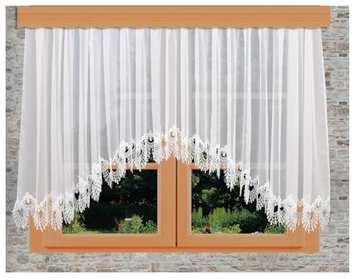 Gardinen-Store Nastja Vogtländische Spitze | handgefertigter Blumenfenster-Store klassisch mit Reihband | lichtdurchlässiger Fenster-Vorhang Fächerspitze weiß | Bogenstore Höhe x Breite 120 x 200 cm