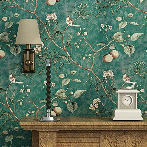 Blooming Wall Vintage Blumen Bäume Vögel Tapete für Wohnzimmer, Schlafzimmer, Küche, 57 Quadrat, Smaragdgrün (Emerald Grün)