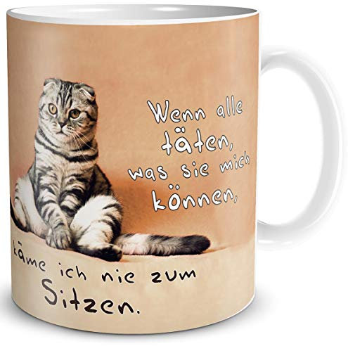 TRIOSK Tasse Katze lustig mit Spruch Katzenmotiv Katzen Sitzung Geschenk für Arbeit Büro Katzenliebhaber Frauen Freundin Kollegin, Keramik 300ml
