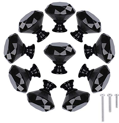 STMK 10 Pack Drawer Knobs, Drawer Pulls Black Diamond Shaped Crystal Glass 30mm Cabinet Knobs Pull Handles with Screws for Home Office Cabinet Cupboard Chest Dresser (10 Pack 30 mm, Black)