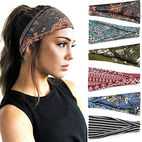 YONUF Boho Headbands For Women Fashion Wide Headband Yoga Workout Head Bands Hair Accessories Band 6 Pack
