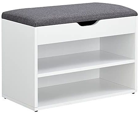 [en.casa] Schuhbank Gentofte 60x30x46cm Schuhschrank mit 3 Ablagefächern Schuhablage für 4 Paar Schuhe Sitzbank Weiß/Grau