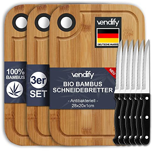 vendify® Bambus Frühstücksbrettchen 3er-Set & 6x Steakmesser - 3x Schneidebrett 28x20 cm - Antibakterielles Holz-Küchenbrett - 3 Frühstücksbretter