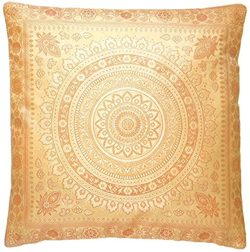 Ruwado Handgewebt und Handgefertigt Orientalischer Seide Kissenbezug, Zierkissenbezug, Dekokissen - Mandala Muster 40 x 40 cm | 16 x 16 Zoll, Beige-Gold-