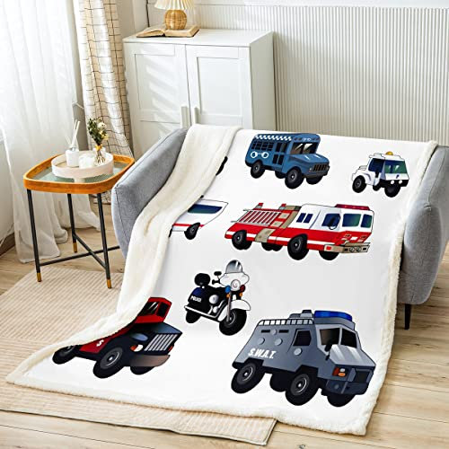 Kinder Polizei Auto Bettdecke 100X130,Feuerwehr LKW Krankenwagen Decke Cartoon Strafverfolgung Autos Fleecedecke,Motorrad Fahrzeuge Sherpa Decke Polizist Panzerwagen Jungen Schlafzimmer Dekor