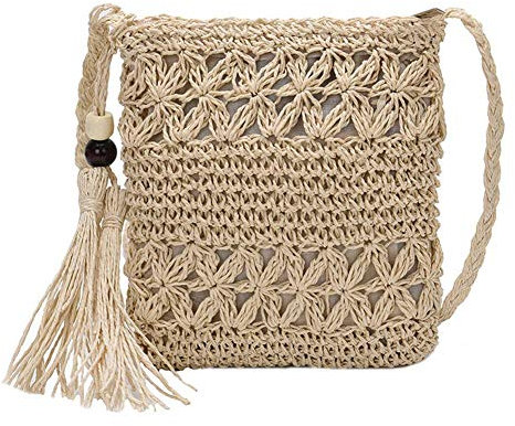 JQWSVE Straw Crossbody Bag for Woman, Summer Beach Handwoven Shoulder Handbag with Tassel, Vintage Boho Woven Purse Bag, Beige