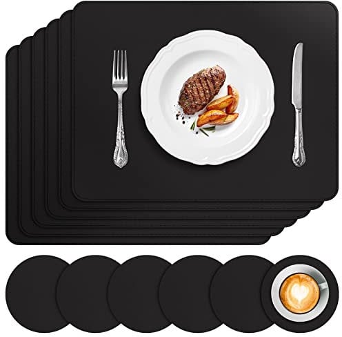 APLKER Tischset Leder 6er Set - Kunstleder Platzset Abwaschbar, Hitzebeständig Doppelseitigen Wasserdicht Platzdeckchen Lederoptik mit Tischuntersetzer rutschfest, 16 x 12 Zoll,Schwarz