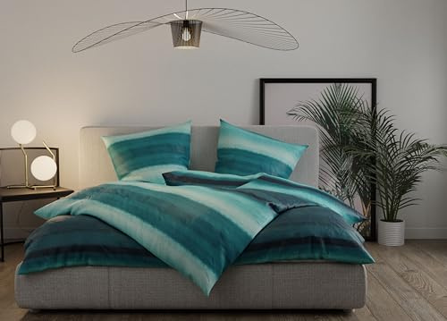Bettwaesche-mit-Stil Mako Satin Bettwäsche Watercolor Stripes Petrol blau (Garnitur 140x200 + 70x90 cm)
