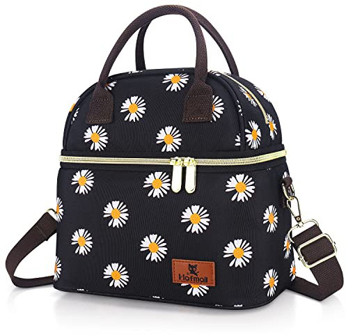 Hafmall Isolierte Lunchtasche für Damen, Kleine Kühltasche für Arbeit, Mittagessen Tasche mit Verstellbarem Schultergurt, Schwarz+Gänseblümchen
