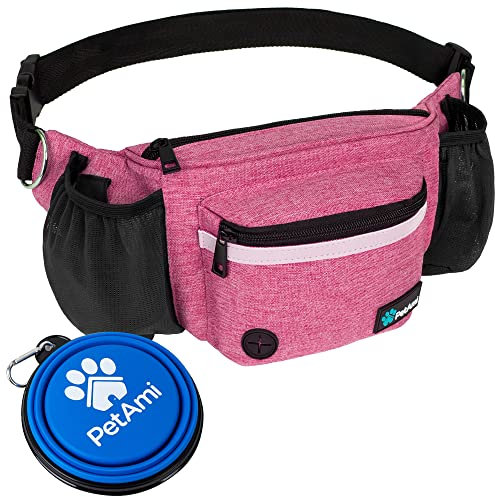 PetAmi Hunde-Bauchtasche, Leckerlibeutel für Hundespaziergänge, Training, eingebauter Kotbeutelspender, Wasserflaschenhalter, faltbarer Napf, Laufen, Trockenfutter (Rosa)