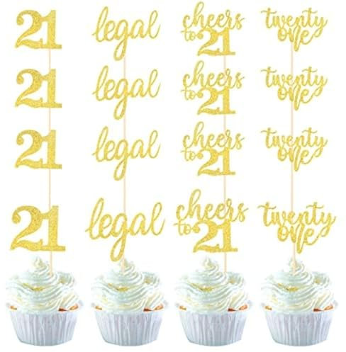 36 Stück 21st Birthday Cupcake Toppers Glitter Hallo 21 Geburtstag Tortendeko Cheers to 21 Twenty-one Muffin Dekoration for 21st Birthday Teenager Party Kuchen Dekoendeko Gold