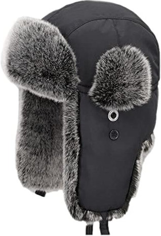 YM YOUMU Russische Trappermütze für den Winter, Uni, Uschanka, russische Mütze mit Fell-Ohrenklappen, Trooper-Mütze zum Skifahren, D055, Grau, Schwarz, M