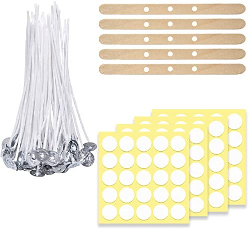100 mechas de Vela de algodón, 12cm, para Hacer Velas DIY con 5 Soportes para mechas de Madera y 100 Pegatinas de Mecha