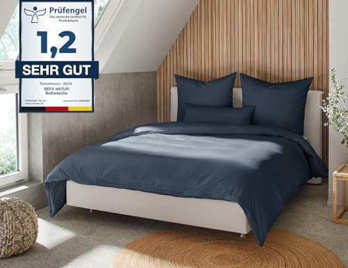 BEFA NATUR Made in Germany Bettwäsche Set, Bettbezug 135x200 cm und Kissenbezug 80x80 cm aus Baumwolle-Satin, Allergiker geeignet, Öko-Text 100 Klasse 1 Zertifiziert - Dunkelblau