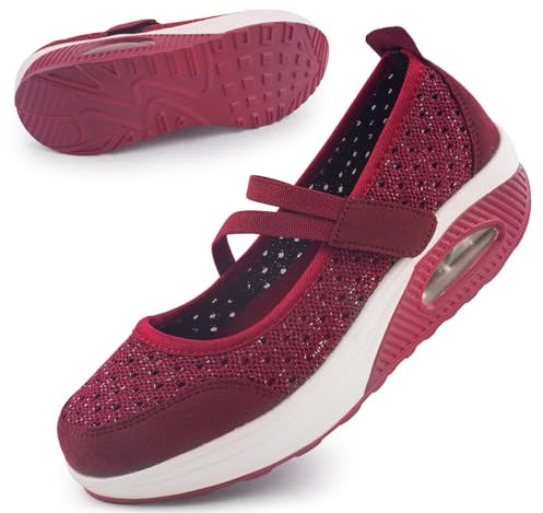 Git-up Damen Walking Schuhe mit Klettverschluss Atmungsaktives Vermascht Krankenschwester Schuhe Leichtes Memory Schaum Luftkissen Sneaker, Pailletten-Rot 42