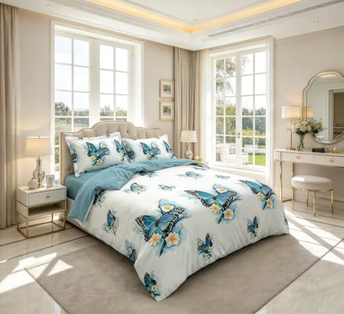 4 Piece Complete Bedding Set 3D Design Floral, Animal Printed Duvet Cover with Fitted Sheet Pillowcases (326 Butterfly, King)