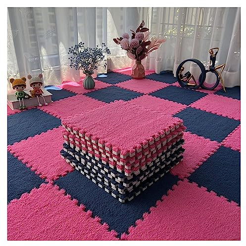 12-teilige Puzzle-Spielmatte, Flauschige Plüsch-Teppichfliesen, Quadratisches Schaumstoff-Teppich-Set, Schaumstoff-Bodenfliesen Für Spielzimmer, Schlafzimmer, 30 X 30 cm(Color:Rosenrot+Marineblau)