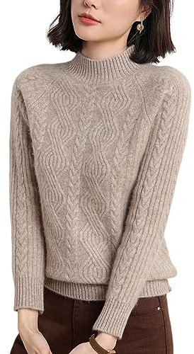 DISSA Pull Cachemire Femme Col Montant Chameau Torsade Tricoté en Vrac Manches Longues épais Pull en Cachemire et Laine,38,DF8041