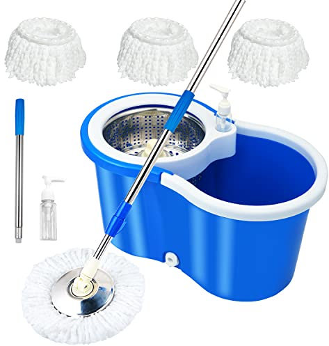 Balai à franges et seau en microfibre 360° avec essoreur et poignée étendue de 154,9 cm, seau avec 3 têtes de rechange pour nettoyage du sol, bleu