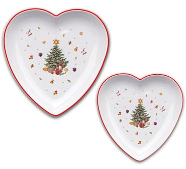ARCA, Set di 2 Piatti in Porcellana a Forma di Cuore, con Decorazione Natalizia Albero di Natale, Resistenti e duraturi, Ideali per la Tavola, Idea Regalo di Natale, in Diverse Misure